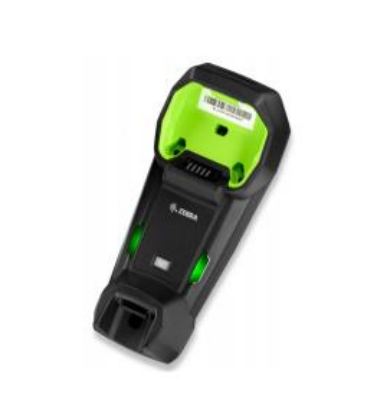 Black and green charging cradle for Zebra STB3678-C100F3WW barcode reader, featuring a sleek design with a prominent charging slot and indicator lights.