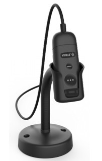 Black plastic stand with a curved neck, designed to hold a barcode reader, featuring a charging port and indicator lights on the front.