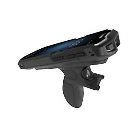 Black ergonomic barcode reader accessory with a trigger grip, featuring a sleek design, multiple buttons on the side, and a screen on top for scanning barcodes efficiently.