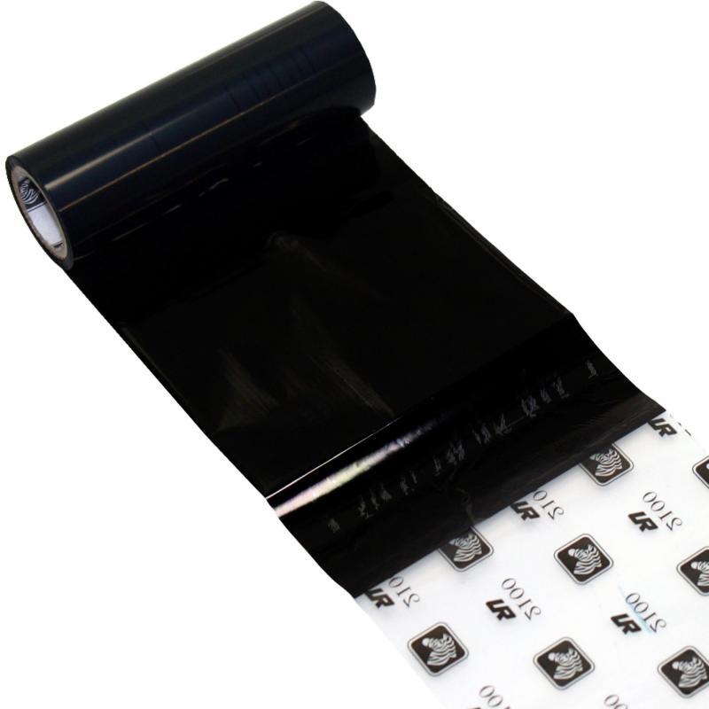 Black Zebra Wax 2100 printer ribbon, measuring 2.52" x 64mm, featuring a glossy finish and a roll with a white backing printed with black logos.