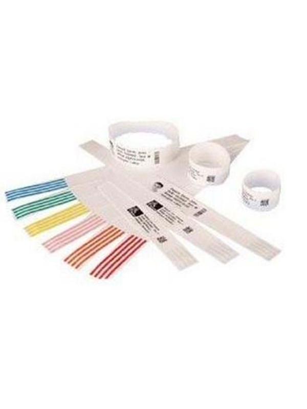 Pink Zebra Z-Band Direct wristbands made of durable material, featuring a smooth surface and barcode for easy identification, alongside various colored bands in a range of sizes.