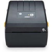 Black Zebra ZD230 label printer with control buttons, logo, and wireless symbol on top, compact design.