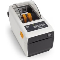 White Zebra ZD411-HC label printer with clear top cover, orange accents, and control buttons on the front panel.