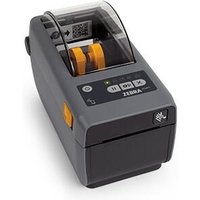 Compact gray Zebra ZD411 label printer with clear cover, control buttons, and NFC logo on front.