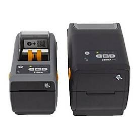 Compact black label printer with a sleek design, featuring a front loading mechanism, orange accents, and control buttons, capable of direct thermal printing at 300 DPI.