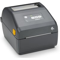 Gray Zebra ZD421 label printer with digital display, yellow button, and thermal transfer technology.