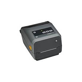 Compact gray Zebra ZD421 label printer with a sleek design, featuring a front-loading paper compartment, control buttons, and a bright indicator light.