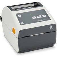 White and gray Zebra ZD421D label printer with buttons and logo on top, compact design, direct thermal printing.