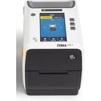White Zebra ZD611-HC label printer with black front panel, color touchscreen, and multiple buttons on top.