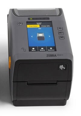 Compact thermal transfer label printer in gray with a touchscreen interface, featuring control buttons and a yellow side lever for easy label loading.