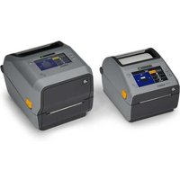 Gray Zebra ZD621 label printer with LCD screen, buttons, and black output tray.