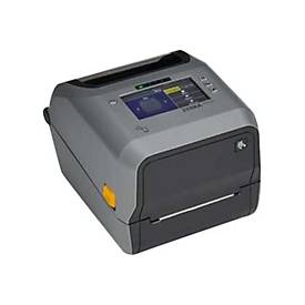 Gray thermal transfer label printer with a sleek design, featuring a control panel with buttons and a display, capable of 203 DPI and 203 mm/sec printing speed.