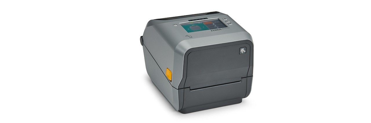 Zebra ZD621R thermal transfer label printer in gray with a sleek design, featuring a control panel on top and an orange loading mechanism on the side.