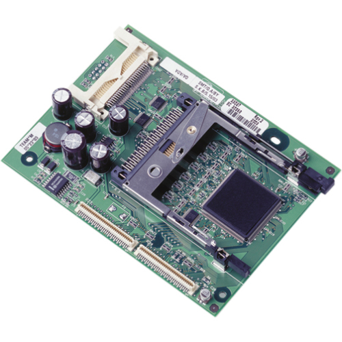 Green circuit board featuring various electronic components, including capacitors, connectors, and a central chip, designed for the Zebra ZebraNet 10/100 Print Server.