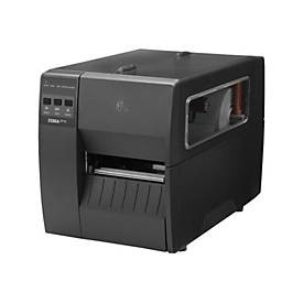 Compact black thermal transfer label printer with a front-loading design, featuring control buttons on the top and a transparent window to view the label roll inside.