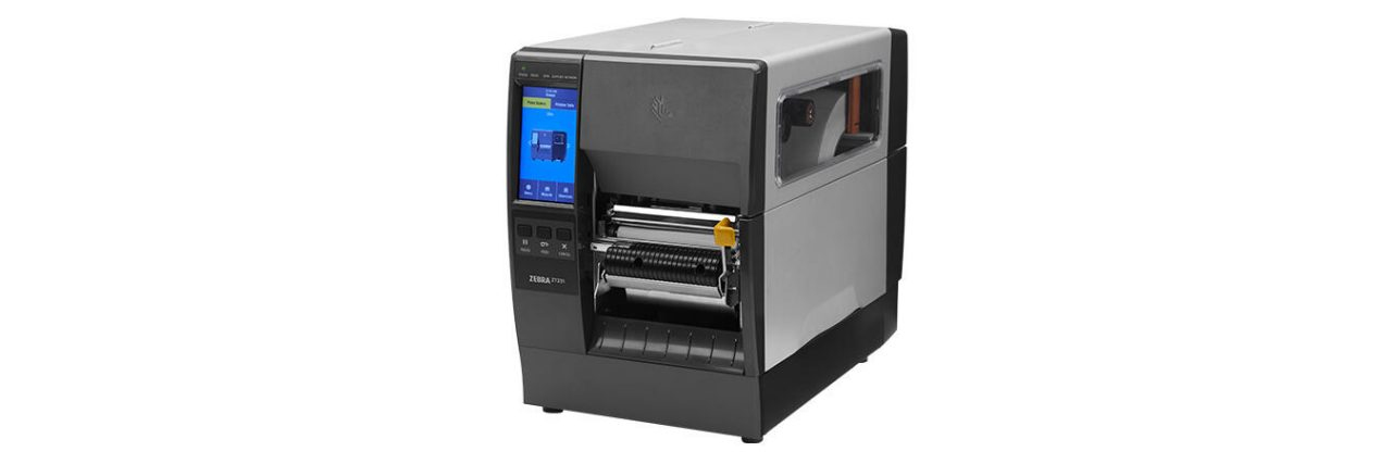 Zebra ZT231 direct thermal label printer in gray and black, featuring a blue LED touchscreen, exposed label roll compartment, and a compact design for efficient printing.