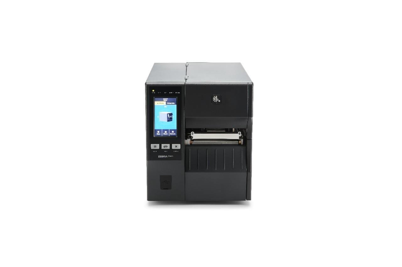 Zebra ZT41142-T0EC000Z label printer in black, featuring a touchscreen display, front-loading design, and thermal transfer technology for 203 x 203 DPI printing.