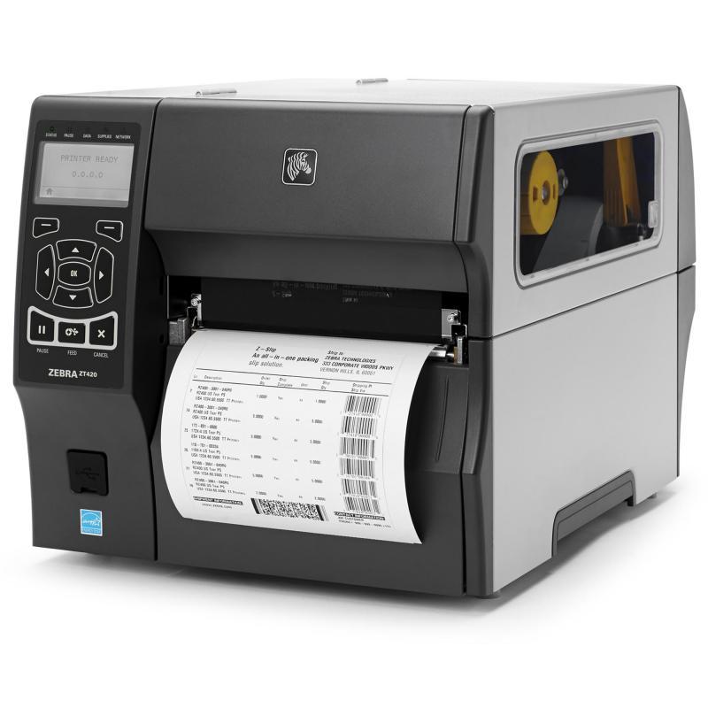 Zebra ZT420 thermal transfer label printer in black and gray, featuring a control panel with buttons, a clear window to view labels, and a fast printing speed of 305 mm/sec.