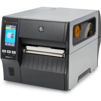 Zebra ZT421 label printer with gray casing, LCD screen, and visible label roll compartment on the side.