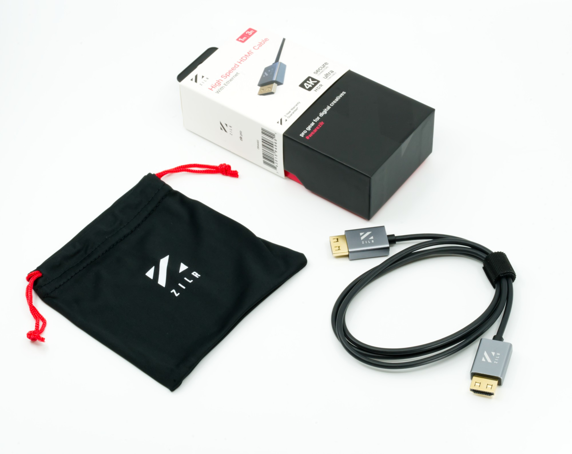 Zilr High Speed HDMI Cable with Ethernet in a sleek black design, featuring gold connectors, packaged with a protective pouch and box, ideal for 4Kp60 secure connections.