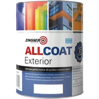Zinsser AllCoat Exterior paint can, white, matt finish, 2.5L, colorful building images on label, 15-year guarantee badge.