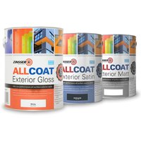 Zinsser AllCoat paint cans in gloss, satin, and matt finishes with colorful building graphics on labels.