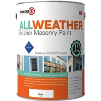 Zinsser Allweather Masonry Paint White 5L can with orange band and house images on label.