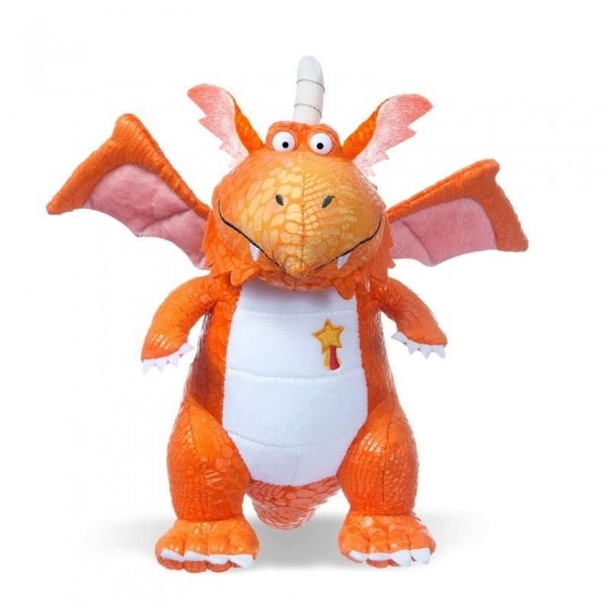 Zog the Dragon is a 22cm soft toy featuring bright orange scales, pink wings, a white belly, and a gold star emblem on its chest, made from plush material.