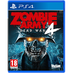 Cover art features a menacing zombie soldier with glowing orange eyes, set against a dark, gritty background, with bold red text reading "ZOMBIE ARMY 4: DEAD WAR" and a PlayStation 4 logo.