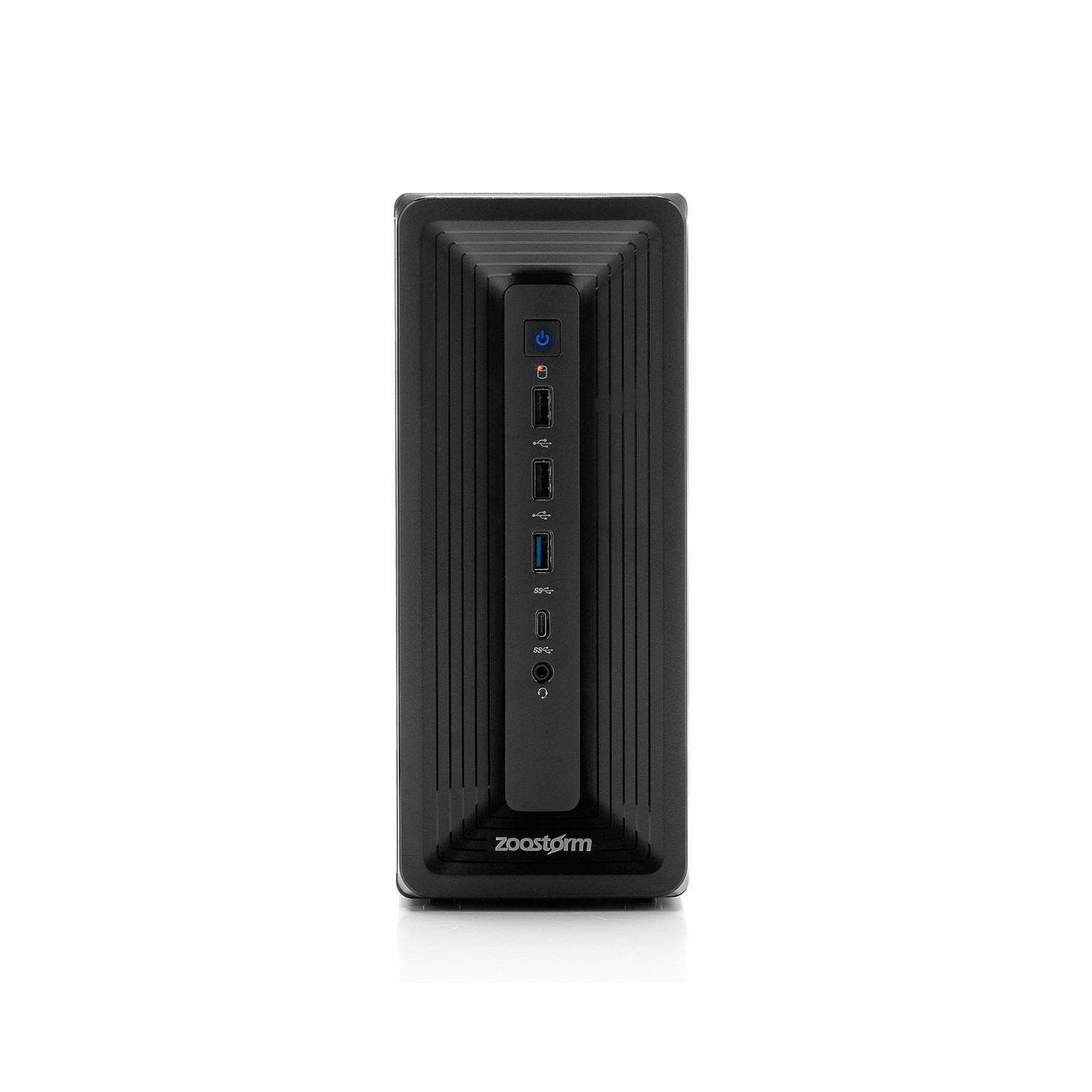 Black desktop PC with a sleek, vertical design featuring a textured front panel, USB ports, and power button, labeled with the Zoostorm logo.