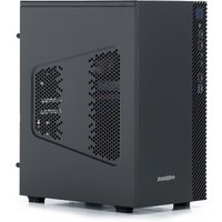 Black Zoostorm Delta desktop PC with mesh side panel, front USB ports, and sleek minimalist design.