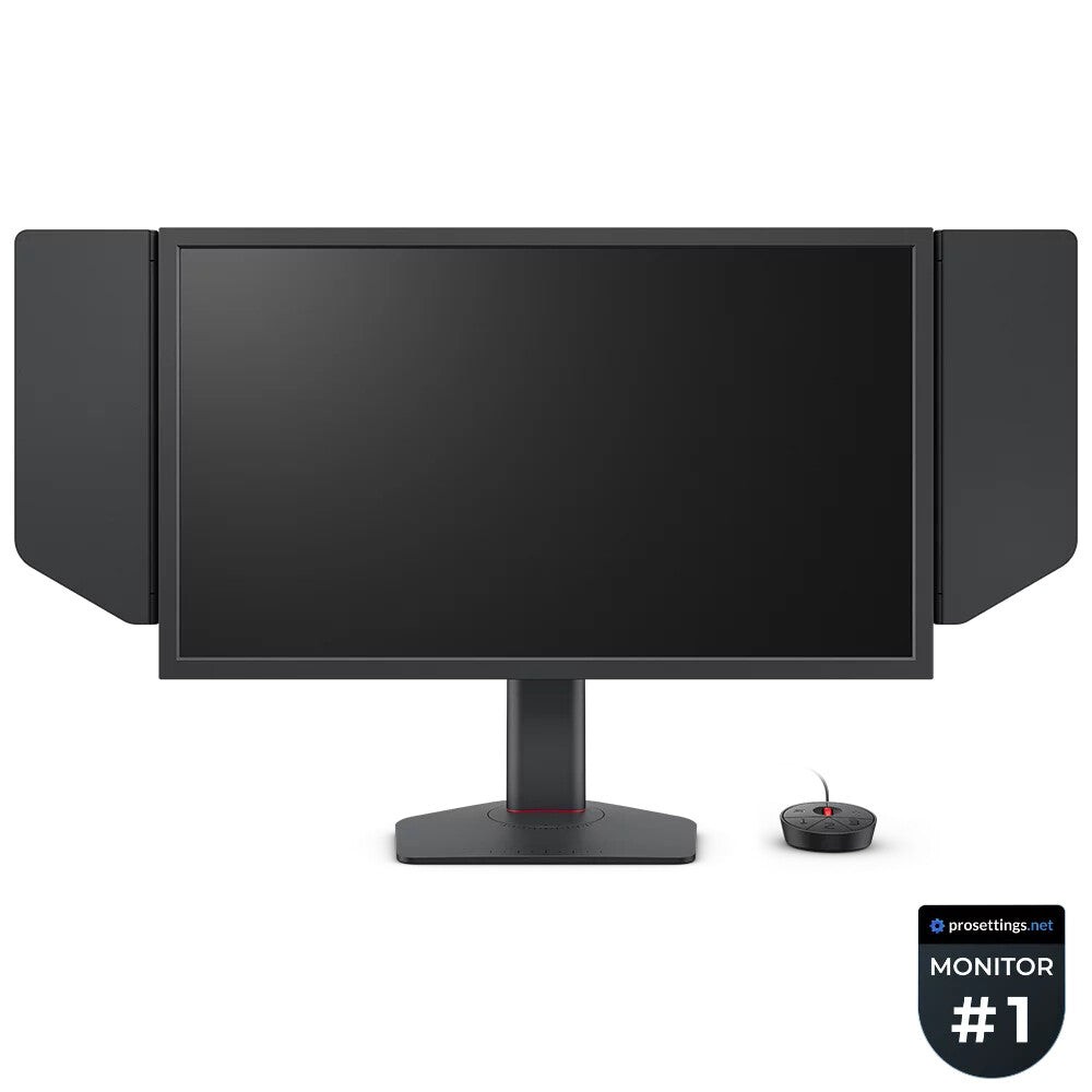 Black ZOWIE XL2540X+ computer monitor with a 24.1-inch Full HD display, featuring adjustable side shields and a sleek stand, accompanied by a small remote control.