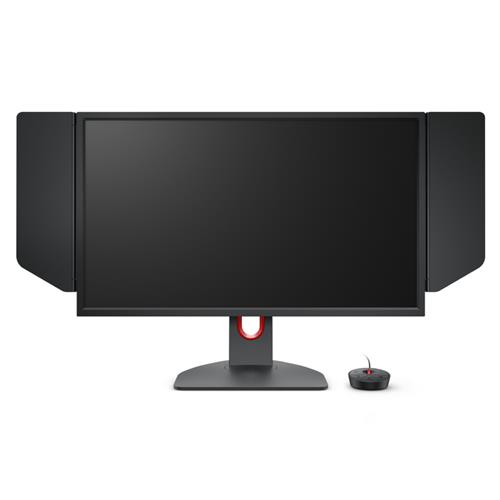 27-inch ZOWIE XL2746K monitor with a sleek black design, featuring side shields, a sturdy stand, and a control remote, offering Full HD 1920 x 1080 pixel resolution.
