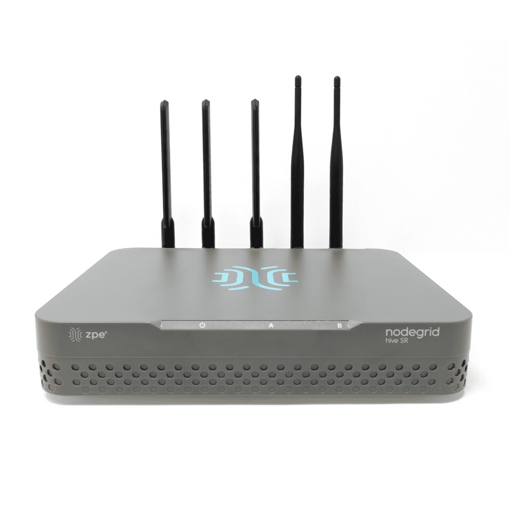 ZPE Nodegrid Hive SR HSR device in gray with four black antennas, featuring ports for 2x GbE, 2x 10 GbE SFP+, and a sleek, modern design.