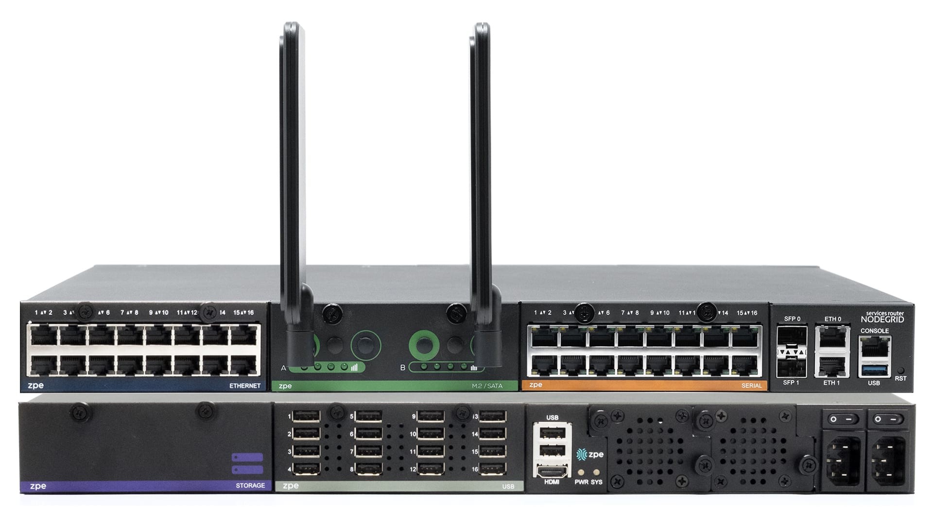 ZPE Nodegrid Net Services Router NSR Chassis in black with dual AC, featuring 8-core Intel CPU, multiple Ethernet ports, USB connections, and dual antennas on top.