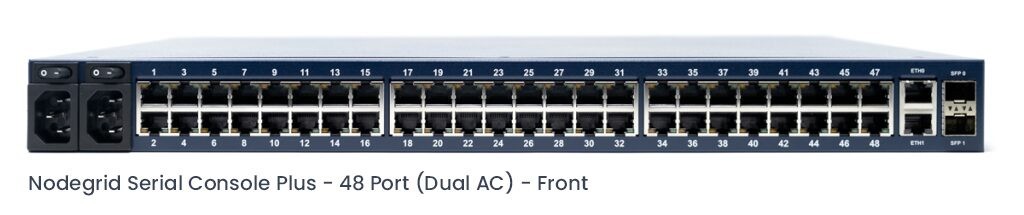 ZPE Nodegrid Serial Console Plus in dark blue, featuring 48 serial ports, dual AC power inputs, and labeled port numbers for easy identification.