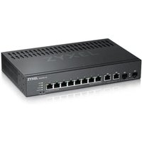 Black Zyxel 24-port managed rack mountable switch with vented top, LED indicators, and Ethernet ports on front panel.