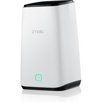 Black and white Zyxel FWA510 wireless router with sleek vertical design and glowing green indicator.