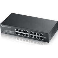 Black Zyxel GS1100-16 Unmanaged Gigabit Ethernet switch with 16 ports and LED indicators on the front panel.