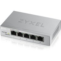 Zyxel GS1200-5 silver Ethernet switch with five ports, LED indicators, and vented sides.