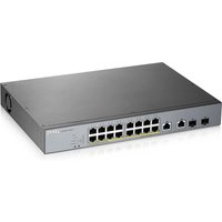 Grey Zyxel GS1350-18HP managed L2 Gigabit Ethernet switch with multiple ports and PoE capability, sleek rectangular design.