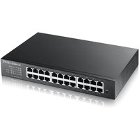 Black Zyxel GS1900-24E managed L2 gigabit Ethernet switch with 24 ports and LED indicators on the front panel.