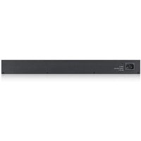 Black Zyxel GS1900-24HP managed gigabit Ethernet switch, 1U rackmount, with multiple ports and power indicator.