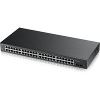 Black Zyxel GS1900-48 network switch with 48 Ethernet ports and sleek rectangular design.