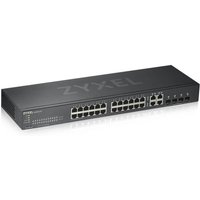 Black Zyxel GS1920-24V2 managed gigabit Ethernet switch with 24 ports and sleek rectangular design.