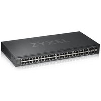 Black Zyxel GS1920-48V2 managed gigabit Ethernet switch with 48 ports and sleek rectangular design.