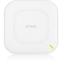 White Zyxel NWA50AX wireless access point with rounded edges, perforated design, and green LED indicator.