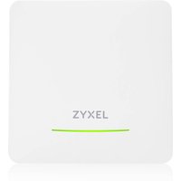 White Zyxel NWA90BE PRO router with green LED indicator and PoE support, square design with brand logo.