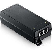 Black Zyxel POE12-60W 5G PoE++ Injector with two Ethernet ports and LED indicators on top.