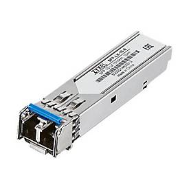 Zyxel SFP-SX-E transceiver module in silver metal casing, featuring a blue latch, designed for fiber optic connections at 1000 Mbit/s with an 850 nm wavelength.